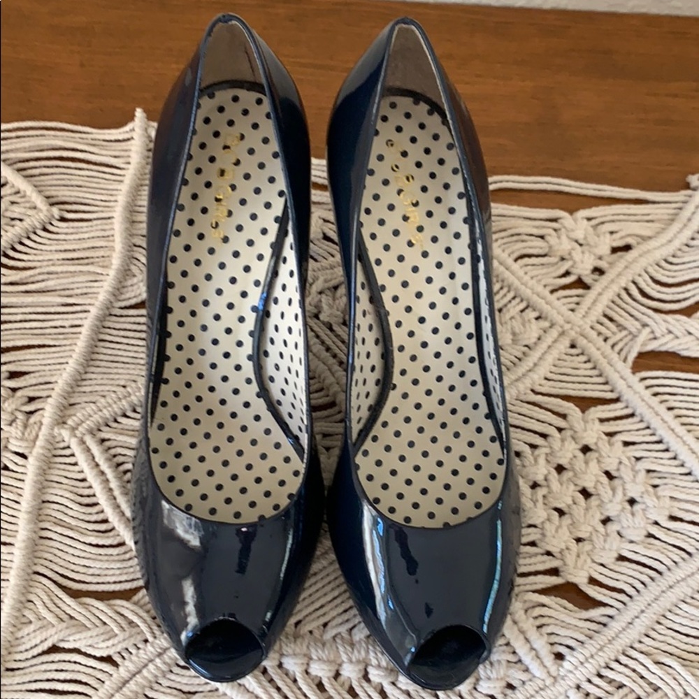 BCBG Girls navy peep toe patent pumps
